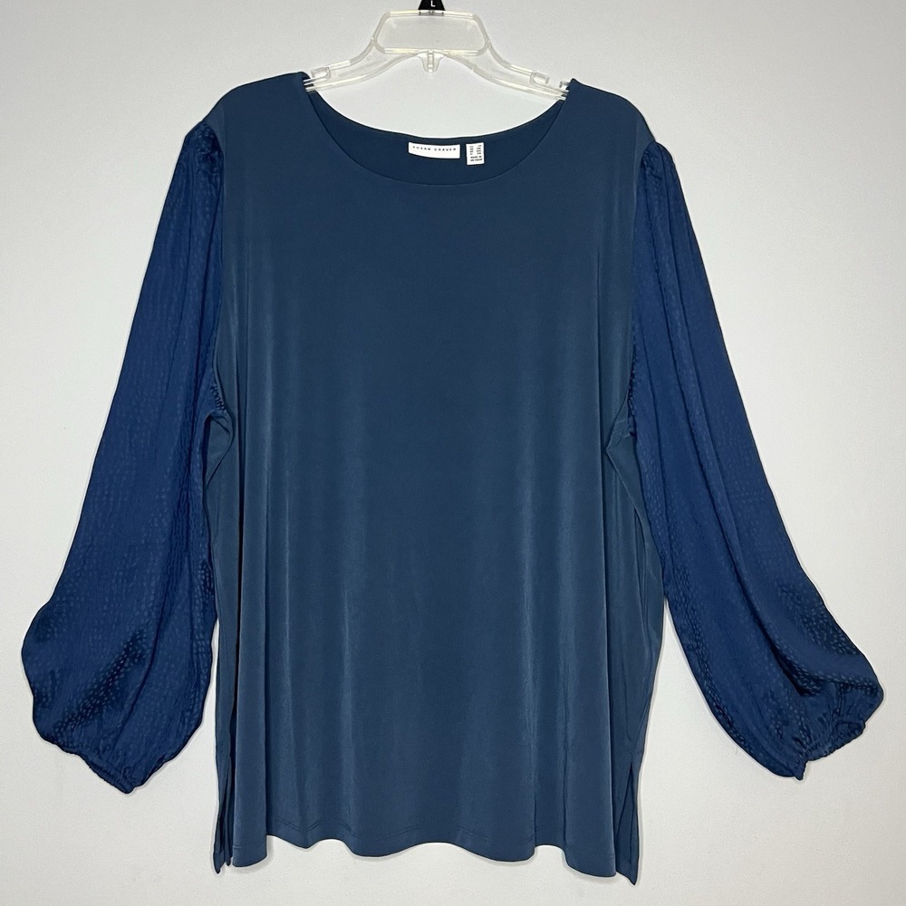 Susan Graver Liquid‎ Knit Blouse Womens 2X Blue Puff Balloon Sleeve Stretch